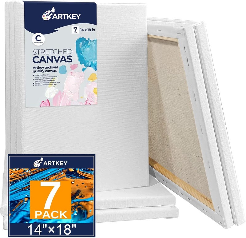 Artkey Stretched Canvases for Painting 14x18 Inch 7-Pack, 10 oz Triple Primed Acid-Free 100% Cotton Blank Canvas, Rectangular Canvas for Oil Paint Acrylics Pouring & Wet Art Media - Image 1